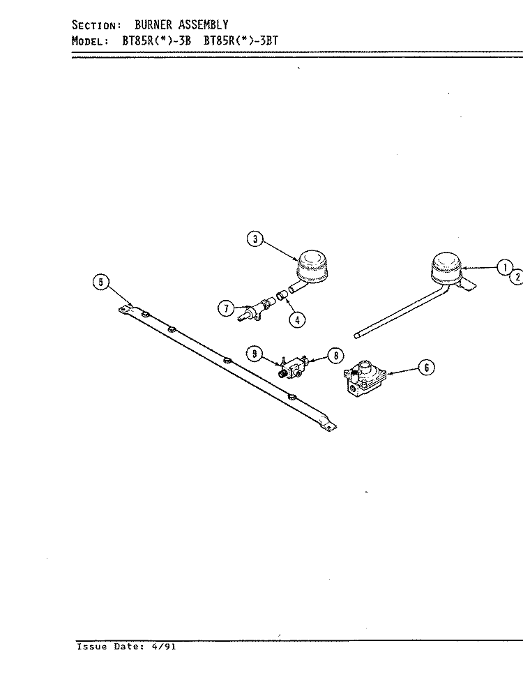 BURNER ASSEMBLY Diagram and Parts List for BT85RA-3B  Magic Chef Cooktop