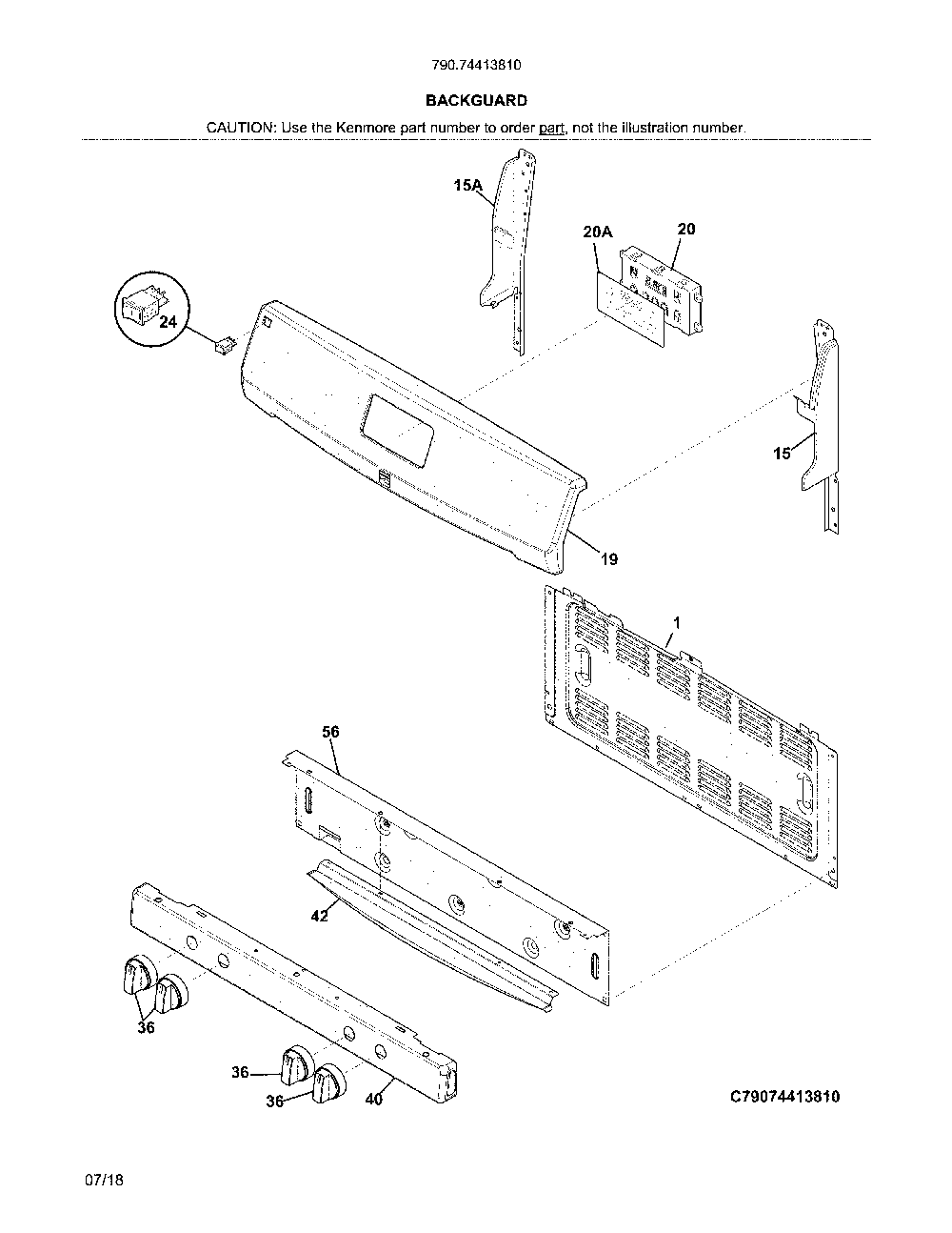 Backguard Diagram and Parts List for 79074413810  Kenmore Range