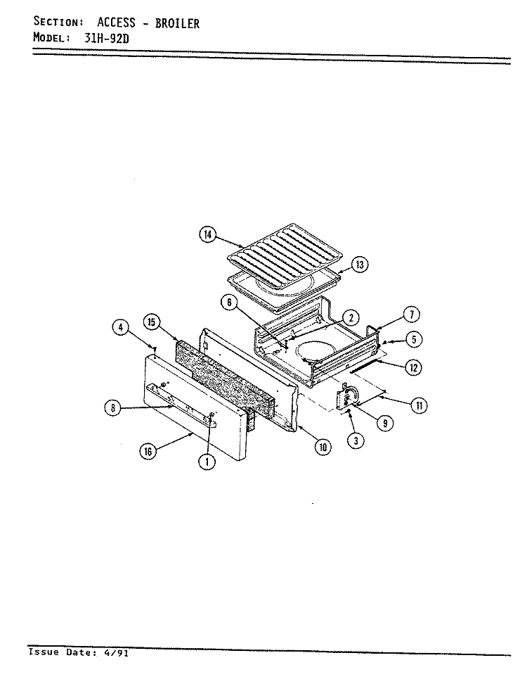 ACCESS DRAWER Diagram and Parts List for 31HA-92DKLX-ON  Magic Chef Range