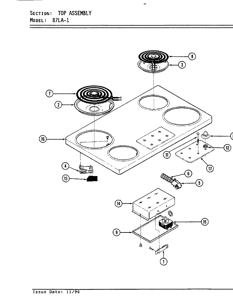 TOP ASSEMBLY Diagram and Parts List for 87LK-1  Magic Chef Cooktop
