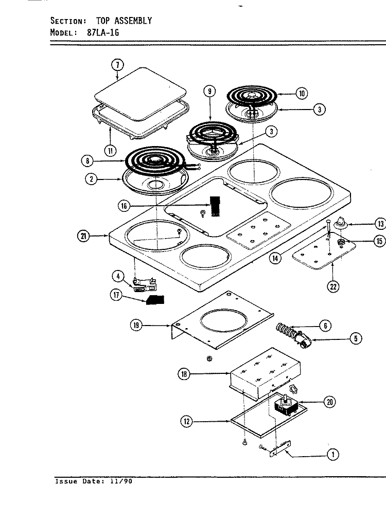 SURFACE UNIT Diagram and Parts List for 87LN-1G  Magic Chef Cooktop