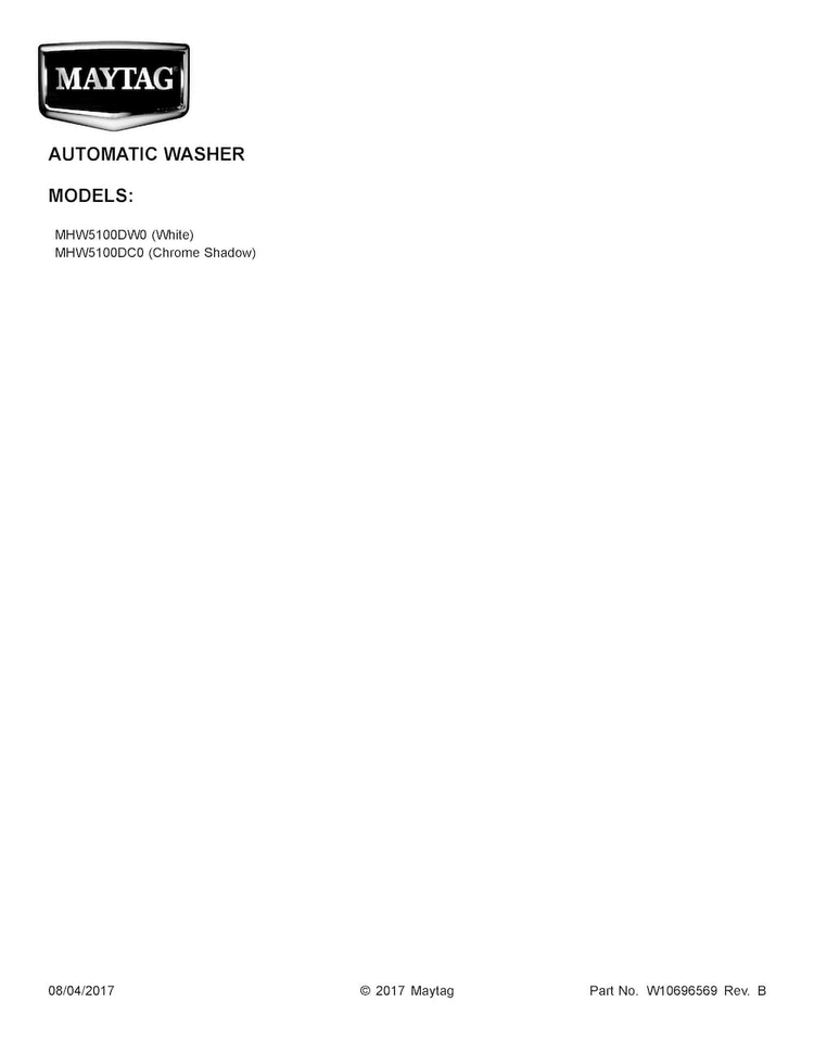 Cover Sheet Diagram and Parts List for MHW5100DW0  Maytag Washer