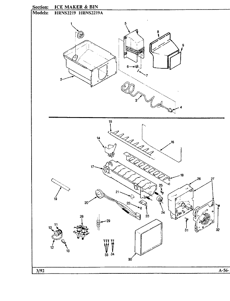 ICE MAKER & BIN Diagram and Parts List for HRNS2219 BP31C Admiral Refrigerator