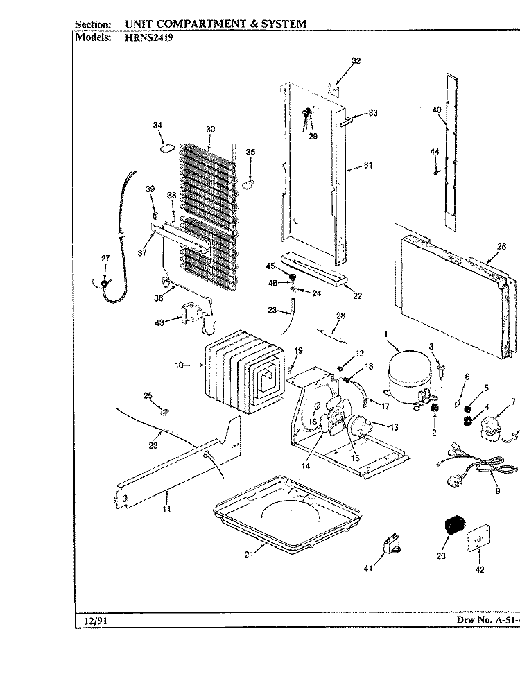 UNIT COMPARTMENT & SYSTEM Diagram and Parts List for HRNS2419A BP88B Hoover Refrigerator