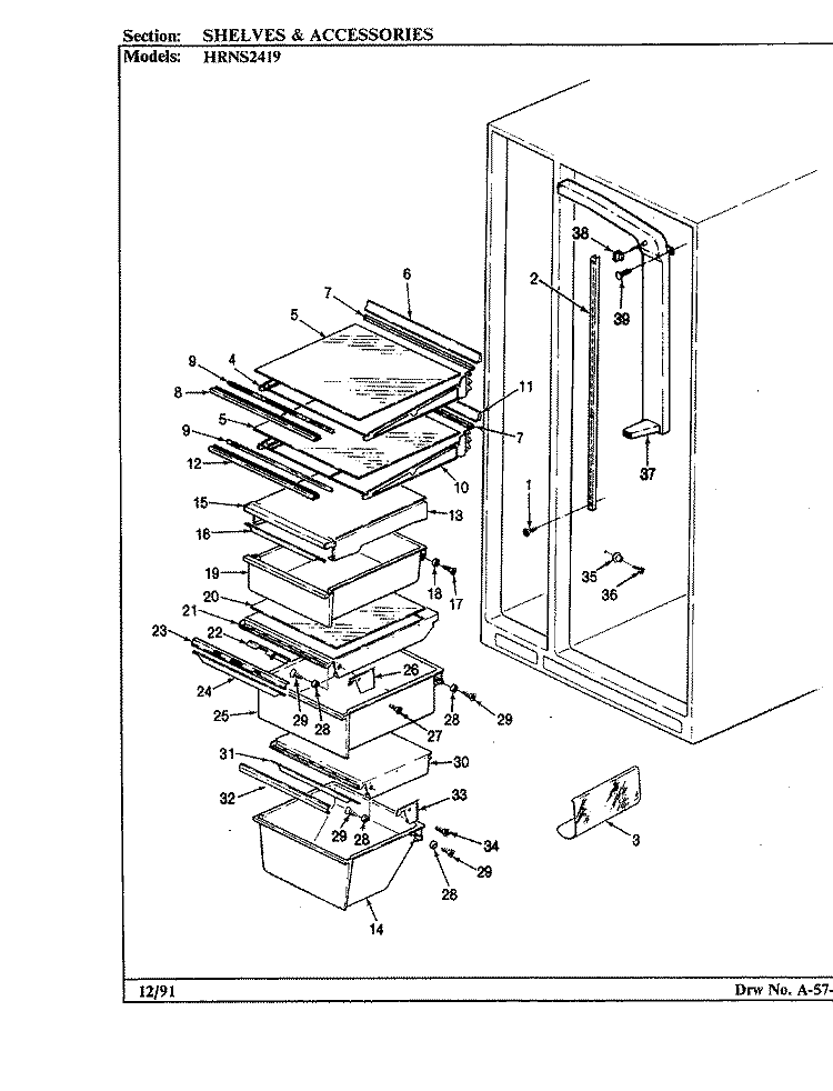 SHELVES & ACCESSORIES Diagram and Parts List for HRNS2419A BP88B Hoover Refrigerator