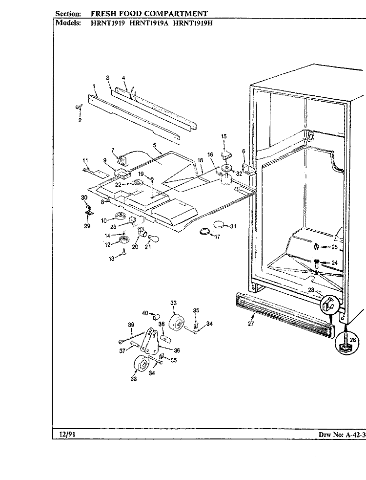 FRESH FOOD COMPARTMENT Diagram and Parts List for HRNT1919A BF60A Hoover Refrigerator