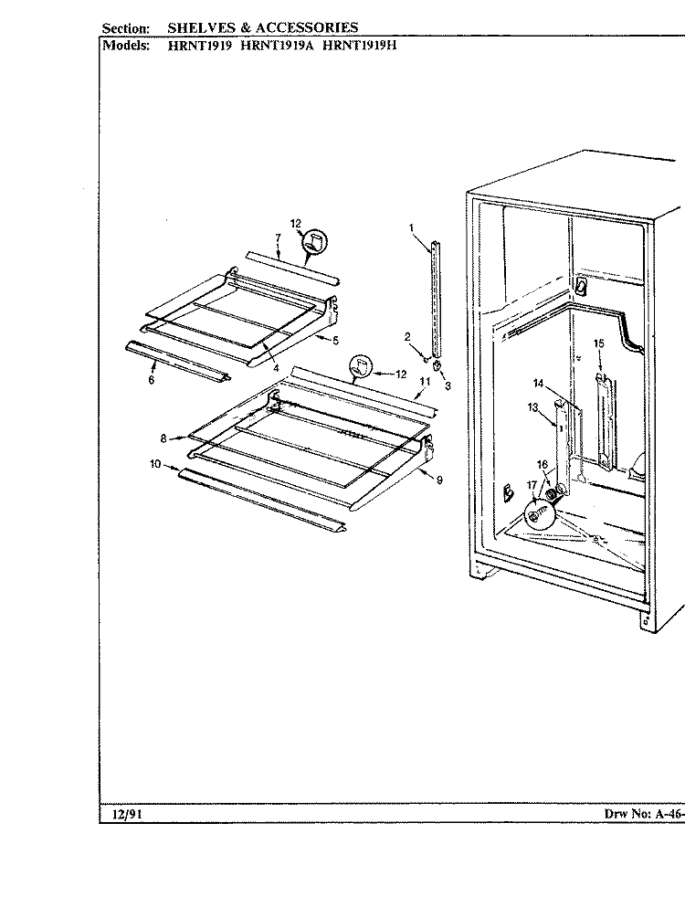 SHELVES & ACCESSORIES Diagram and Parts List for HRNT1919H BF65A Hoover Refrigerator