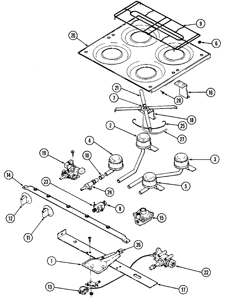 MAIN TOP & BURNER ASSEMBLY Diagram and Parts List for 18RS-4  Magic Chef Range