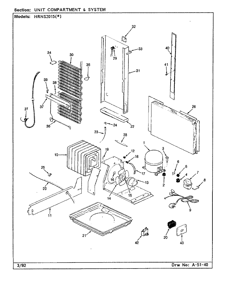 UNIT COMPARTMENT & SYSTEM Diagram and Parts List for HRNS2015A BP03D Hoover Refrigerator