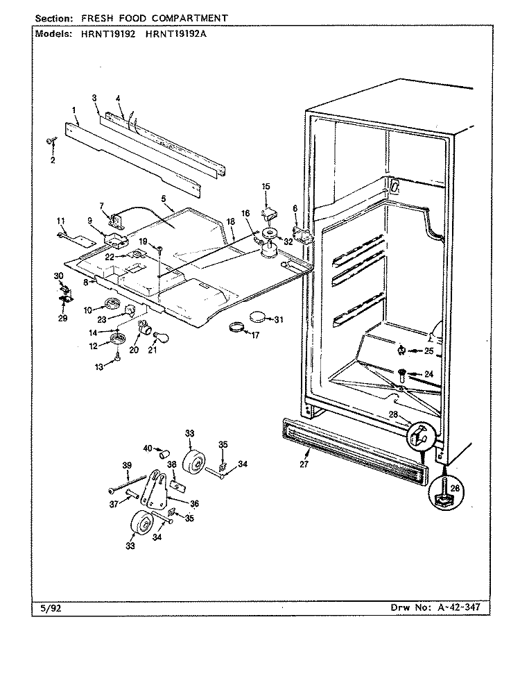 FRESH FOOD COMPARTMENT Diagram and Parts List for HRNT19192A CF52A Hoover Refrigerator