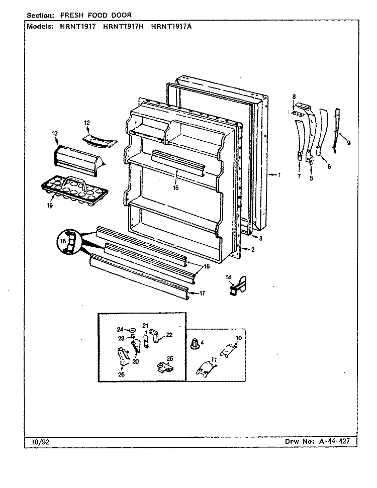 FRESH FOOD DOOR Diagram and Parts List for HRNT1917A CL52A Hoover Refrigerator