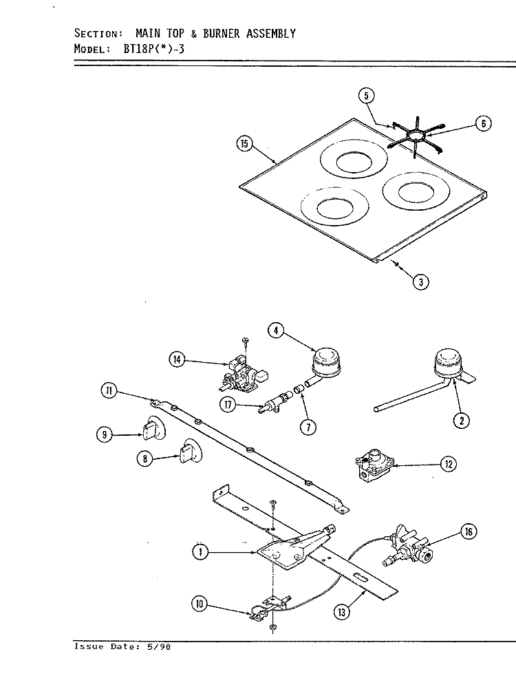MAIN TOP & BURNER ASSEMBLY Diagram and Parts List for BT18PS-3  Magic Chef Range