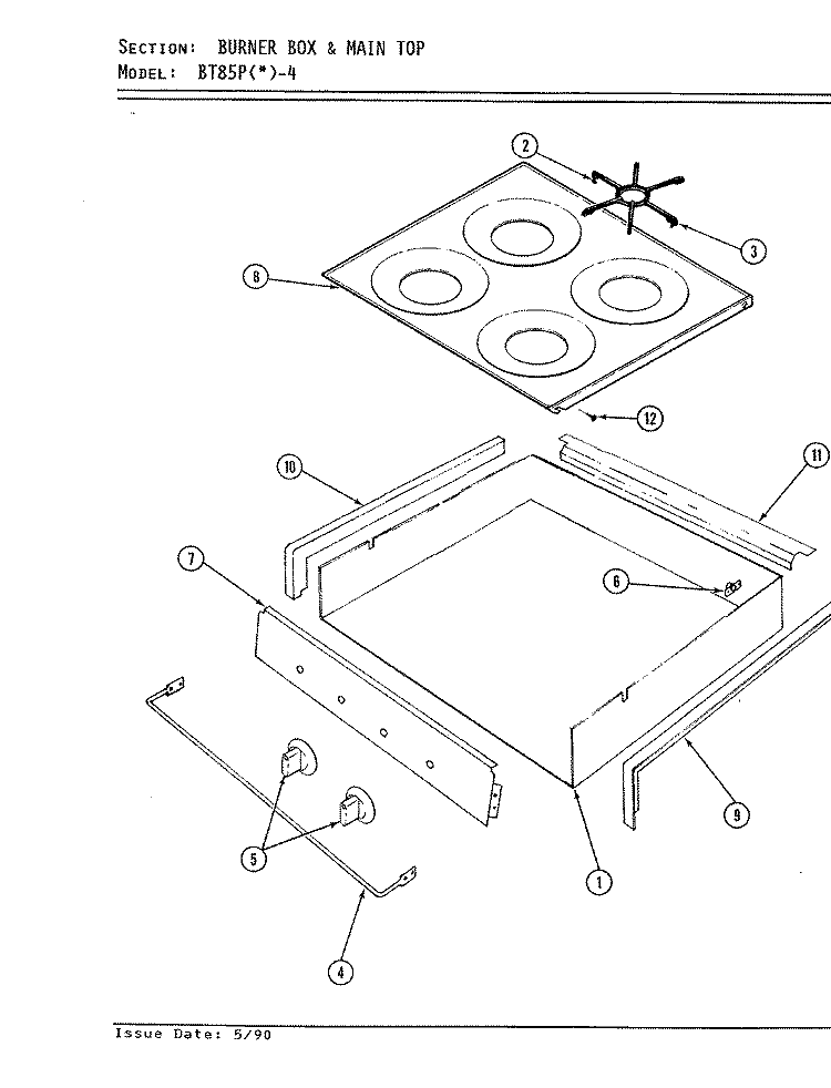 MAIN TOP & BURNER BOX ASSY. Diagram and Parts List for BT85PN-4T  Magic Chef Cooktop