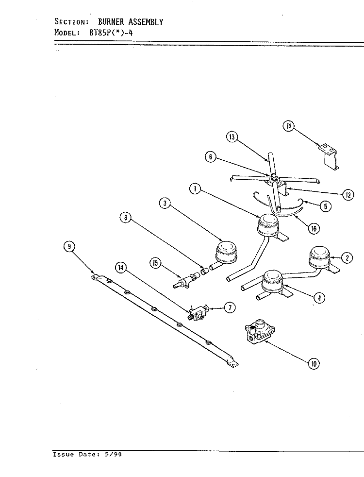 BURNER ASSEMBLY Diagram and Parts List for BT85PN-4T  Magic Chef Cooktop
