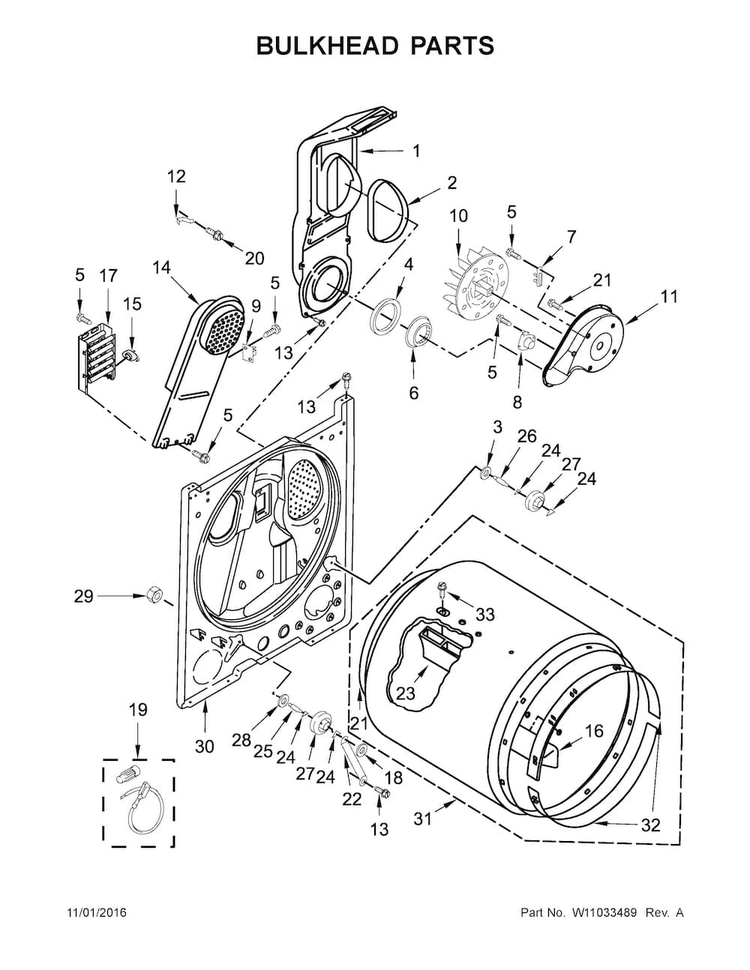 Bulkhead Parts Diagram and Parts List for 4KAED4900FW0  Admiral Dryer