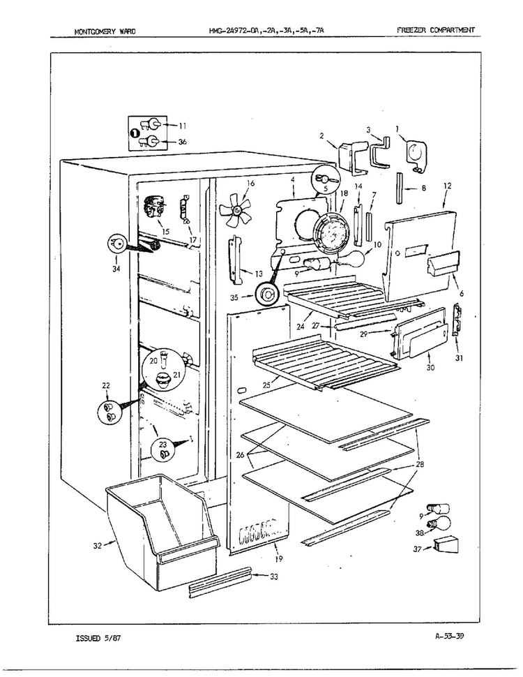 Freezer Compartment Assembly Diagram and Parts List for 24972A  Admiral Refrigerator