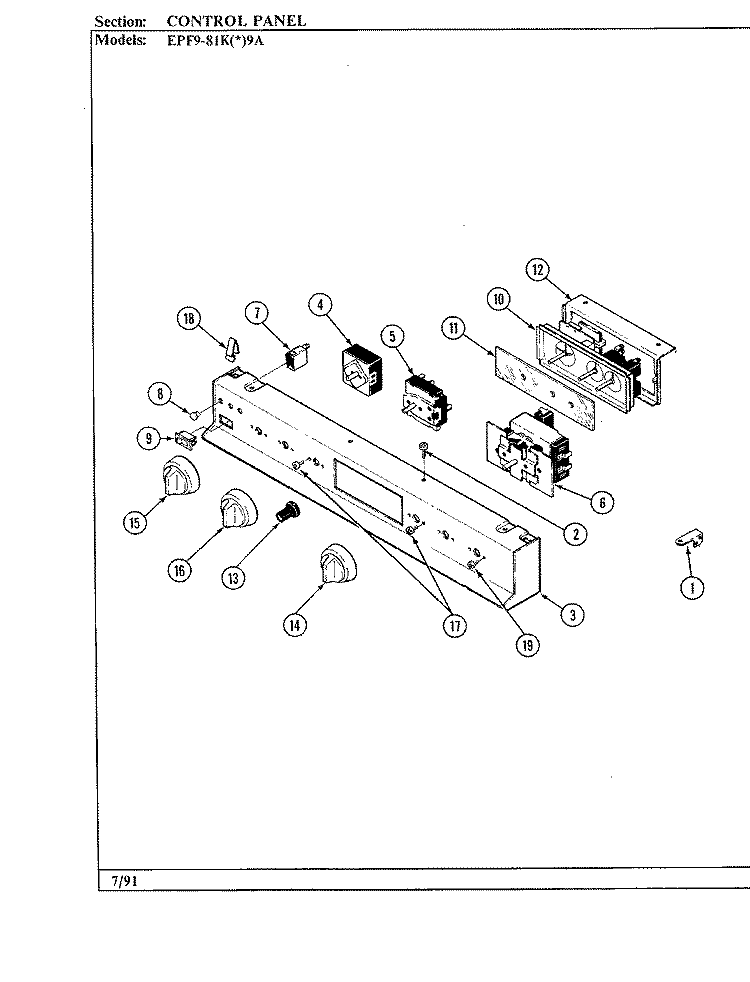 CONTROL PANEL (EPF9 - 81Kx9A) Diagram and Parts List for EPF9-81KS9A  Hardwick Range