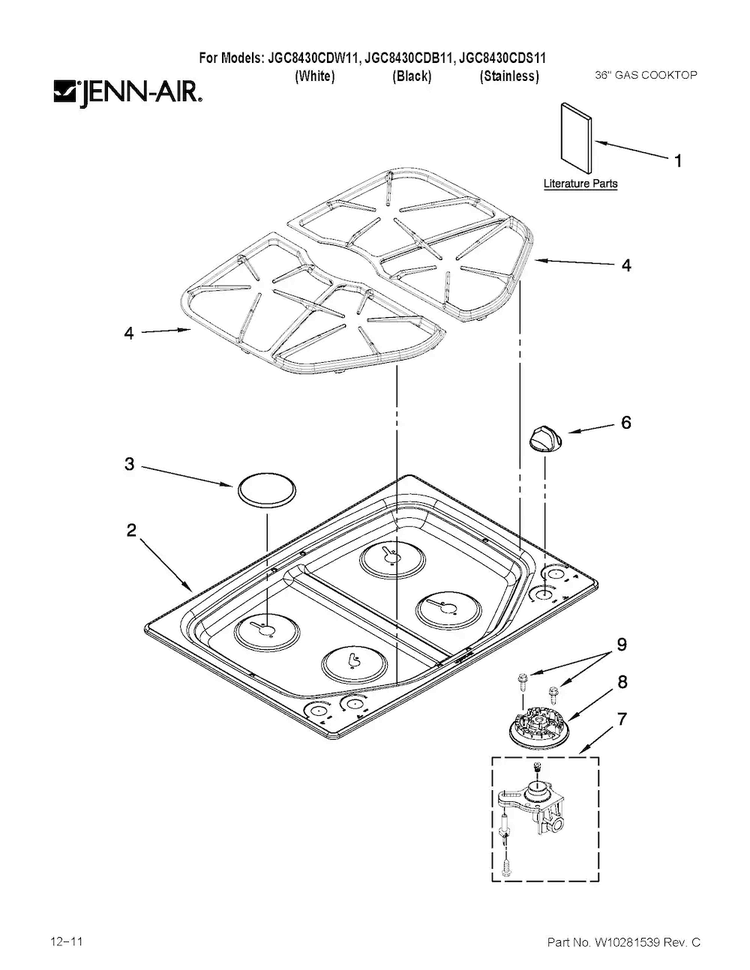 Cooktop, Burner And Grate Parts Diagram and Parts List for JGC8430CDB11  Jenn-Air Cooktop