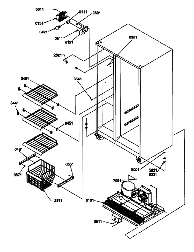 Freezer Shelves And Lights Diagram and Parts List for SCD25TW-P1190426WW  Amana Refrigerator