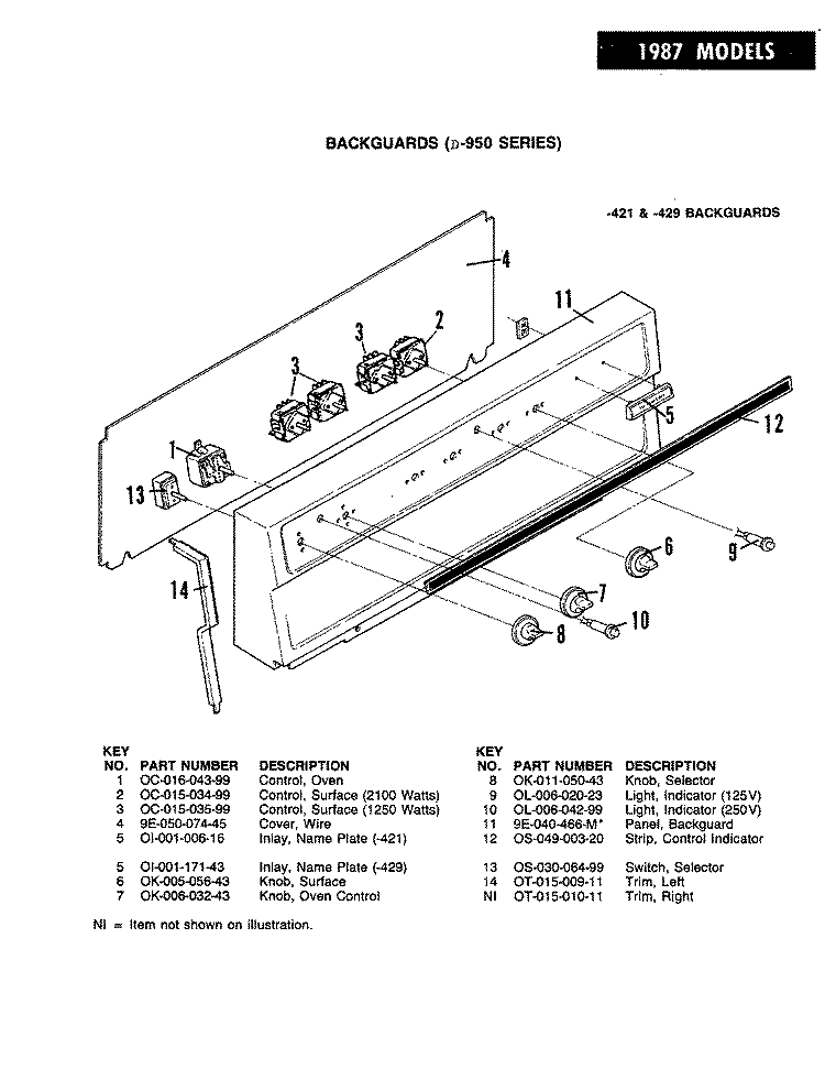 CONTROL PANEL ( - 429 MODELS) Diagram and Parts List for ED9-56A439  Hardwick Range