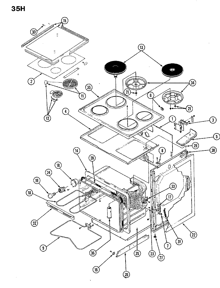 BODY Diagram and Parts List for 35HA-26X-ON  Magic Chef Range