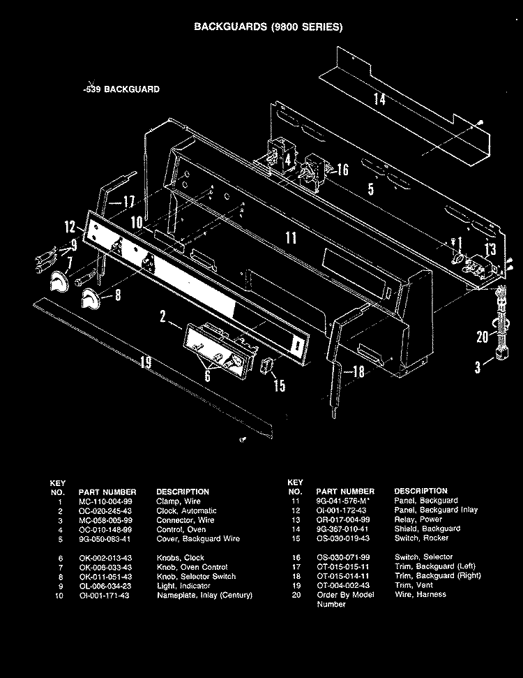 CONTROL PANEL ( - 539 MODEL) Diagram and Parts List for CPF9822A539A  Hardwick Range