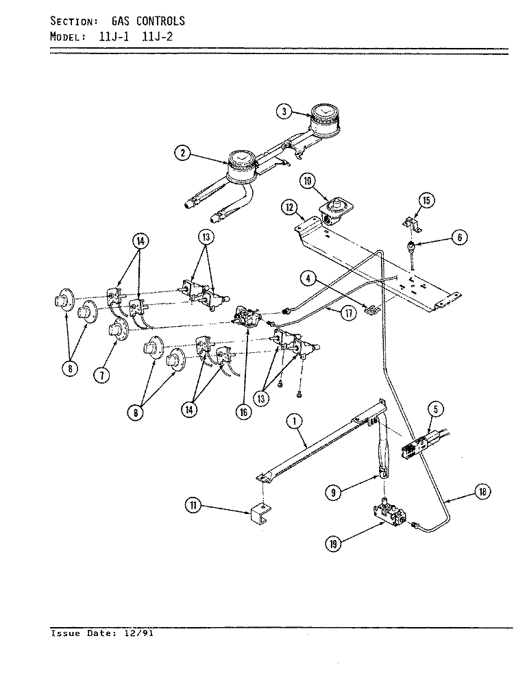 GAS CONTROLS Diagram and Parts List for 11JA-2KW  Magic Chef Range
