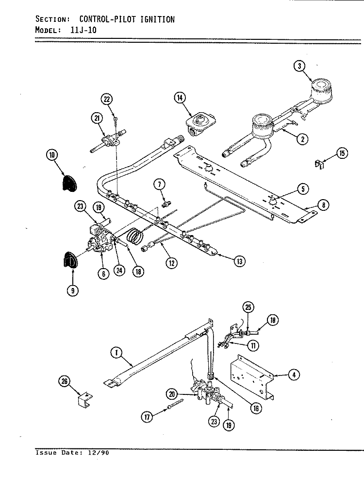 GAS CONTROLS Diagram and Parts List for 11JK-10  Magic Chef Range