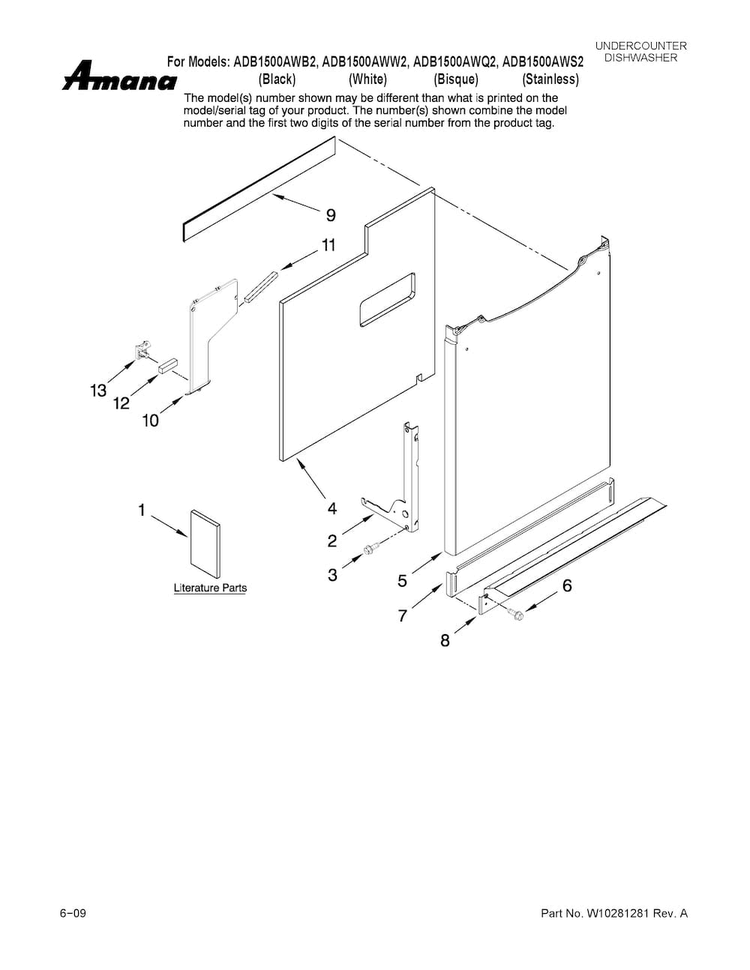 Door And Panel Parts Diagram and Parts List for ADB1500AWQ2  Amana Dishwasher