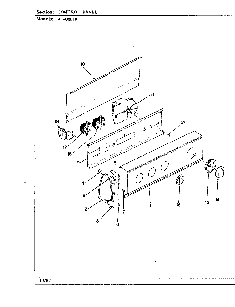 CONTROL PANEL (REV. G - J) Diagram and Parts List for A1408010  Hoover Washer