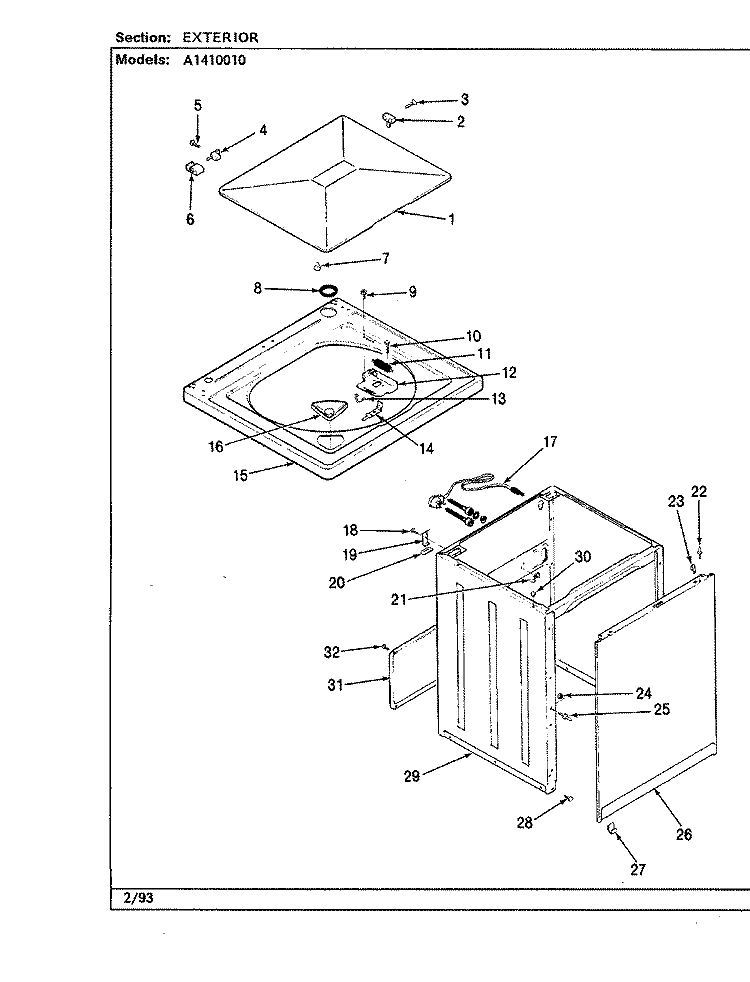 EXTERIOR (REV. F) Diagram and Parts List for A1410010  Hoover Washer