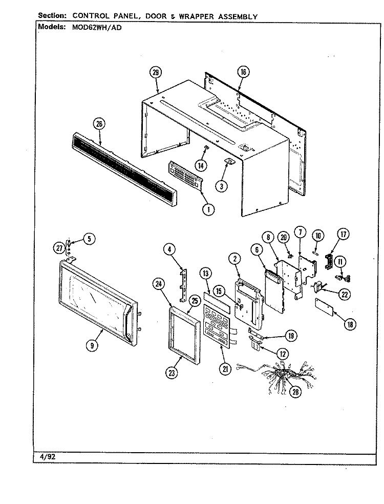 CONTROL PANEL / DOOR / WRAPPER (MOD62) Diagram and Parts List for 22MA-7KLXV8  Magic Chef Microwave Oven Combo