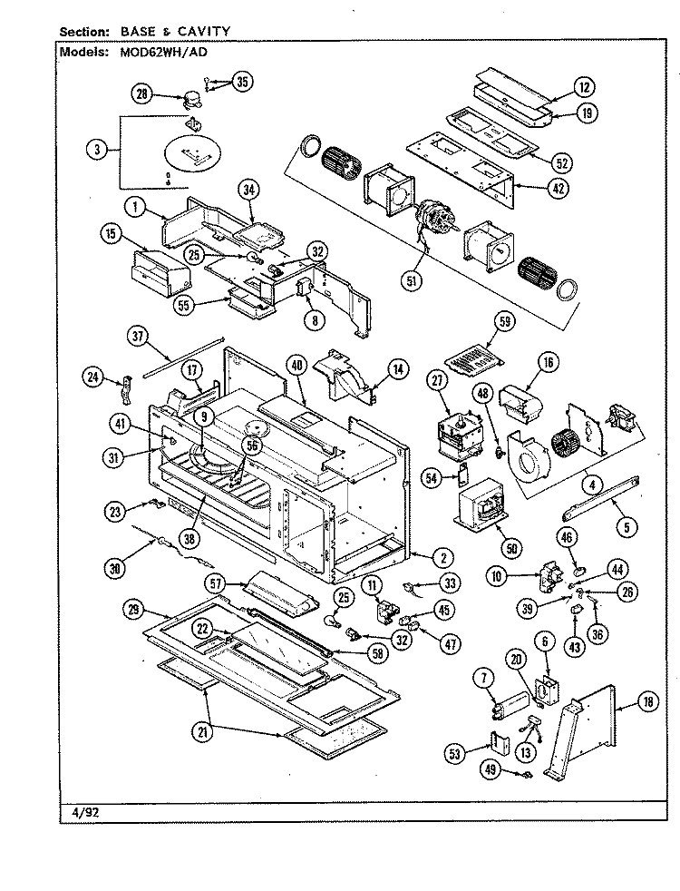 BASE & CAVITY (MOD62) Diagram and Parts List for 22MA-7KLXV8  Magic Chef Microwave Oven Combo