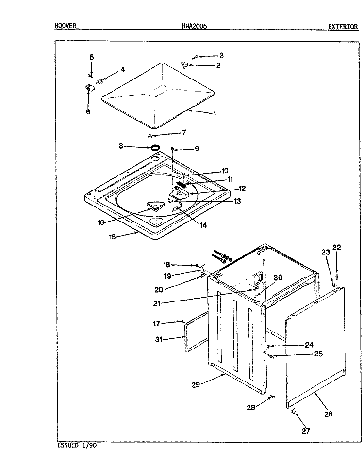 EXTERIOR (REV. E - F) Diagram and Parts List for HWA2006W  Hoover Washer