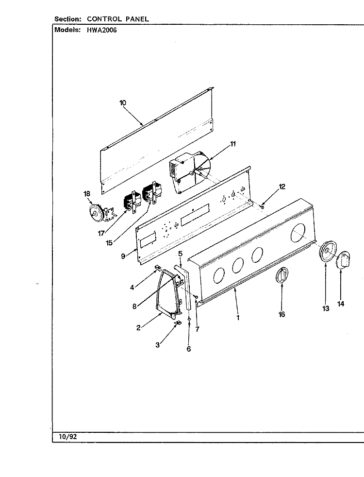 CONTROL PANEL (REV. G - L) Diagram and Parts List for HWA2006A  Hoover Washer
