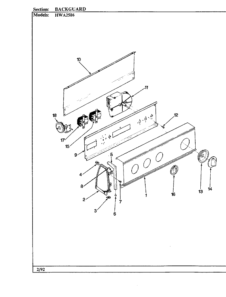 CONTROL PANEL Diagram and Parts List for HWA2506W  Hoover Washer
