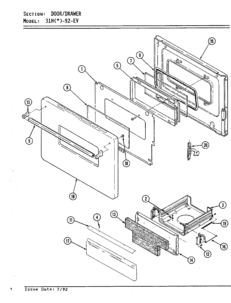 DOOR / DRAWER Diagram and Parts List for 31HN-92KW-EV  Magic Chef Range