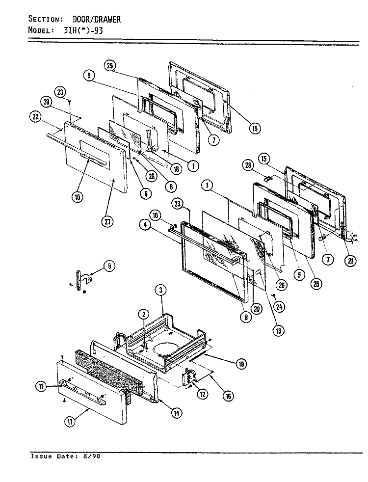 DOOR / DRAWER Diagram and Parts List for 31HA-93KX-ON  Magic Chef Range