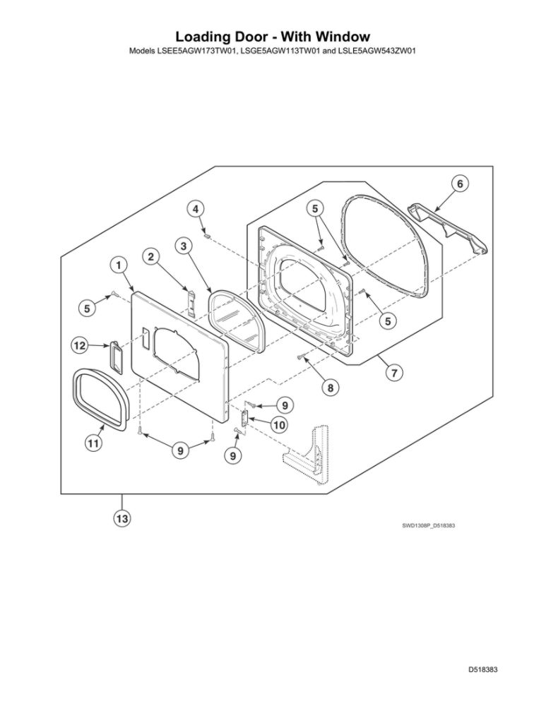 Loading Door - With Window Diagram and Parts List for LSGE5AGW113TW01 2001000001 Speed Queen Dryer