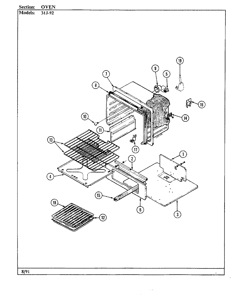 OVEN Diagram and Parts List for 31JN-92KLW-EV  Magic Chef Range