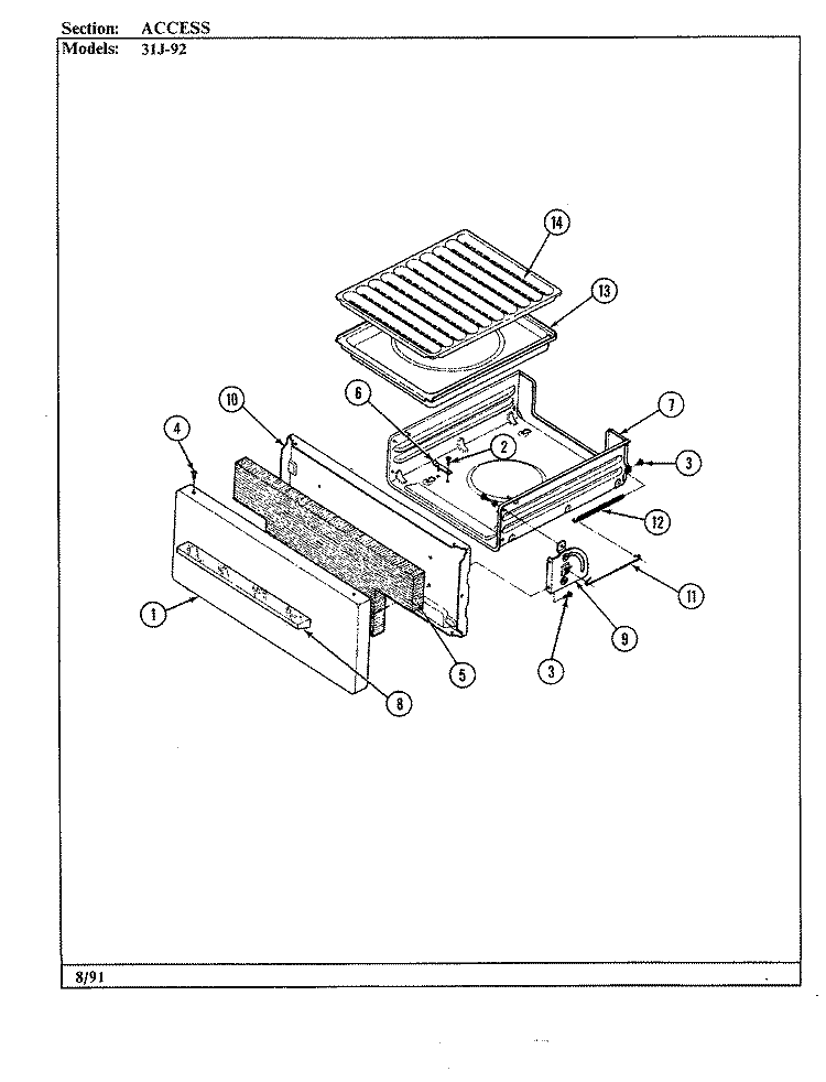 ACCESS DRAWER Diagram and Parts List for 31JN-92KLW-EV  Magic Chef Range
