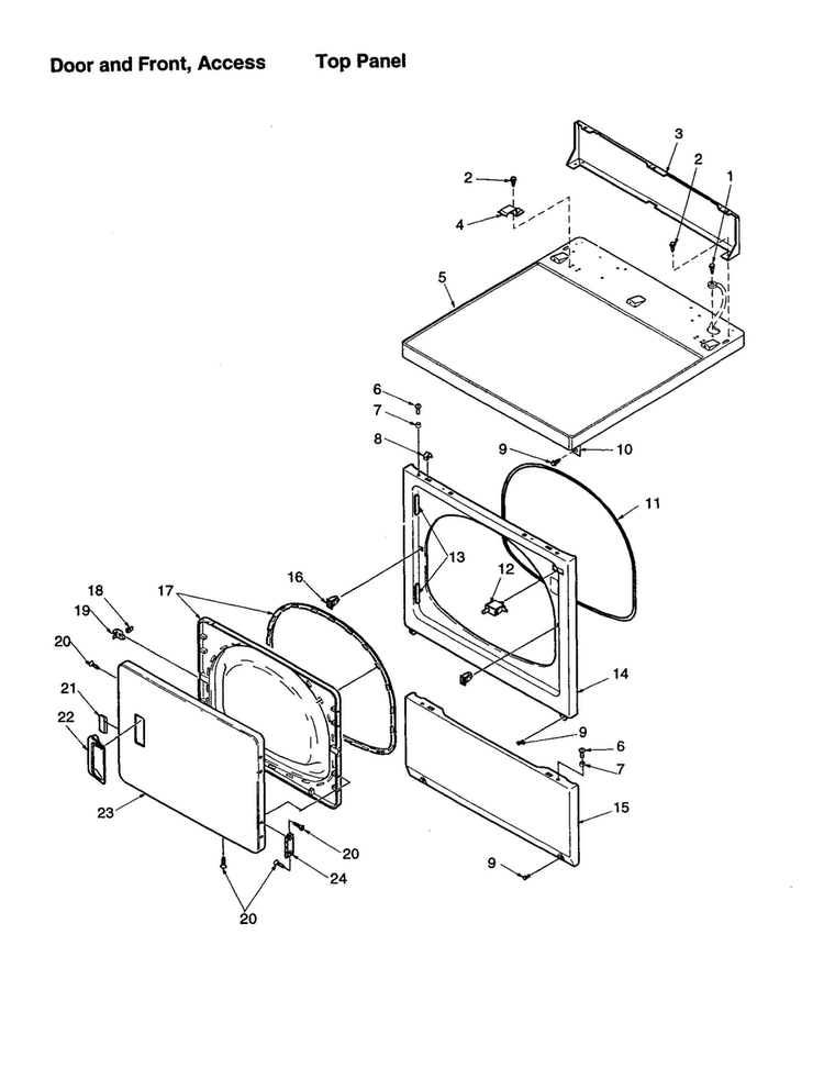 Door And Front, Access/top Panel Diagram and Parts List for DLE330RC-PDLE330RC  Amana Dryer
