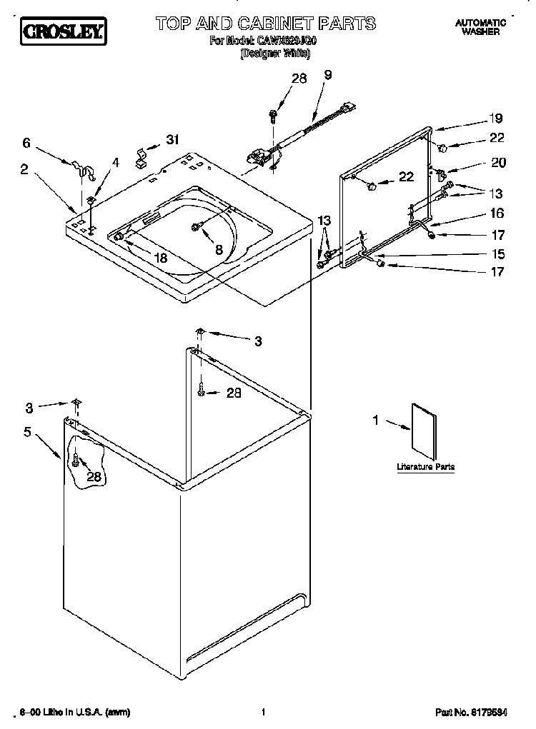 Top And Cabinet Diagram and Parts List for CAWX629JQ0  Crosley Washer