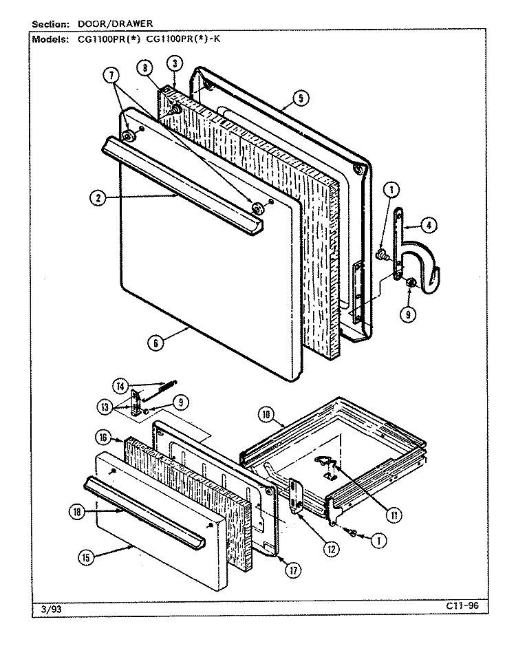 DOOR / DRAWER Diagram and Parts List for CG1100PRA-K  Crosley Range