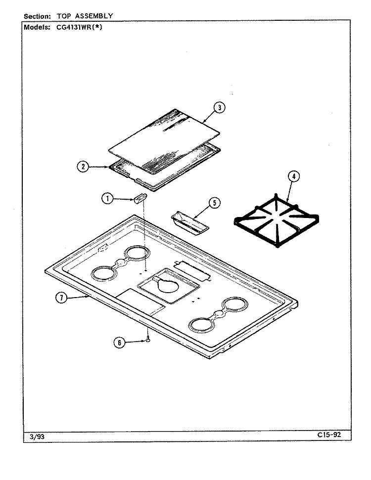 TOP ASSEMBLY Diagram and Parts List for CG4131WRA  Crosley Range