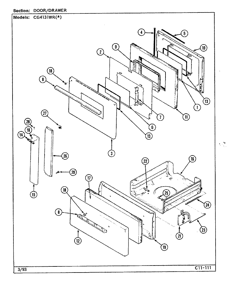 DOOR / DRAWER Diagram and Parts List for CG4131WRA  Crosley Range