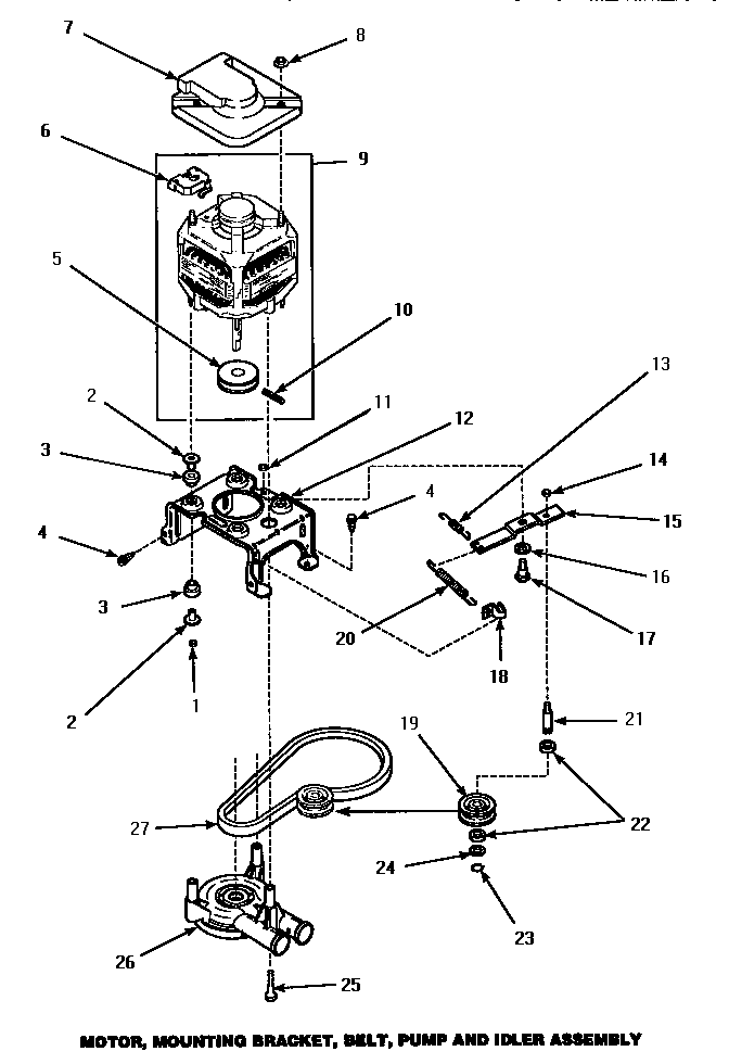 Motor, Mounting Bracket, Belt, Pump & Idler Assembly Diagram and Parts List for CW3502L P1163208WL Amana Washer