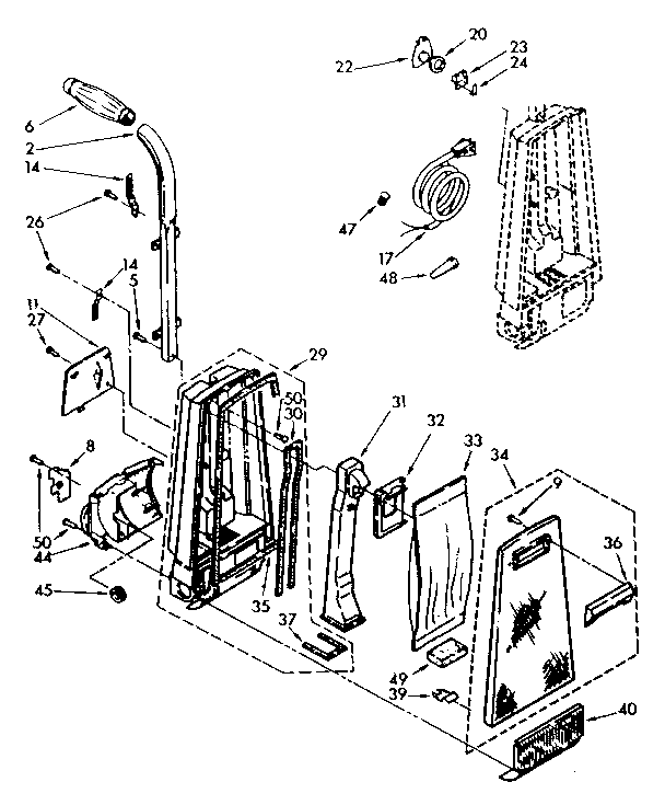 Handle And Bag Housing Diagram and Parts List for 11638810  Kenmore Upright Vacuum