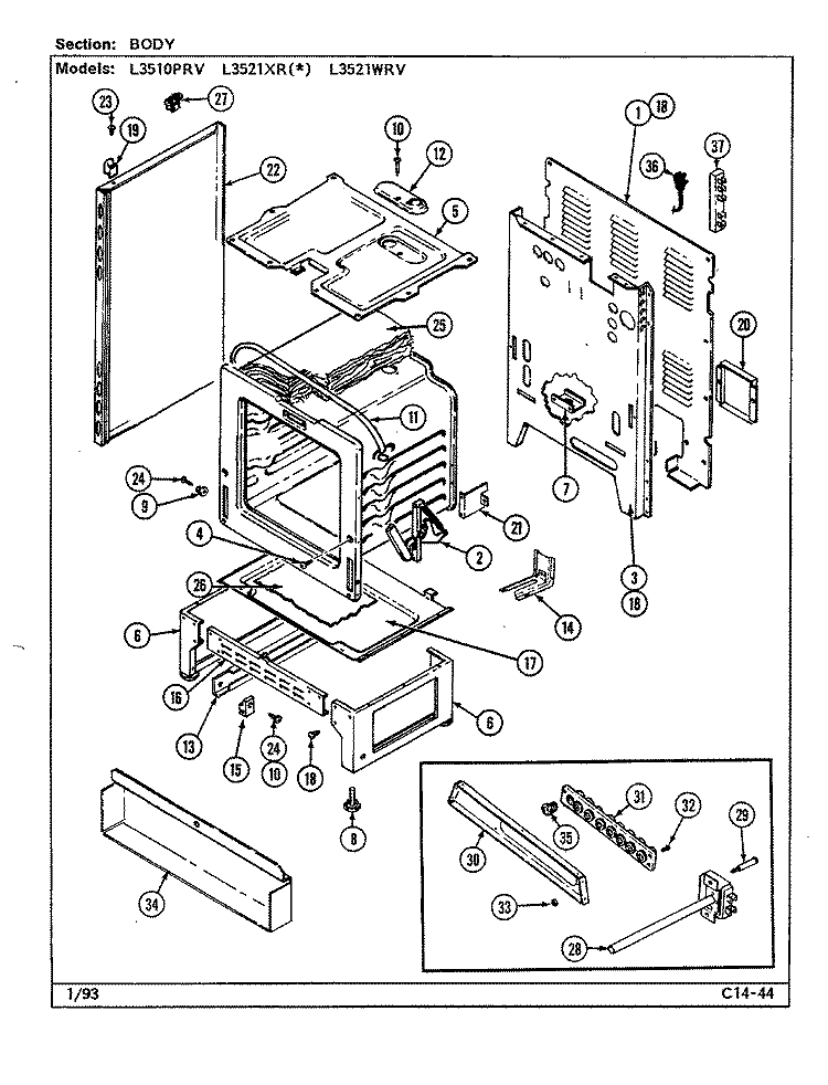 BODY Diagram and Parts List for L3527XRB  Norge Range