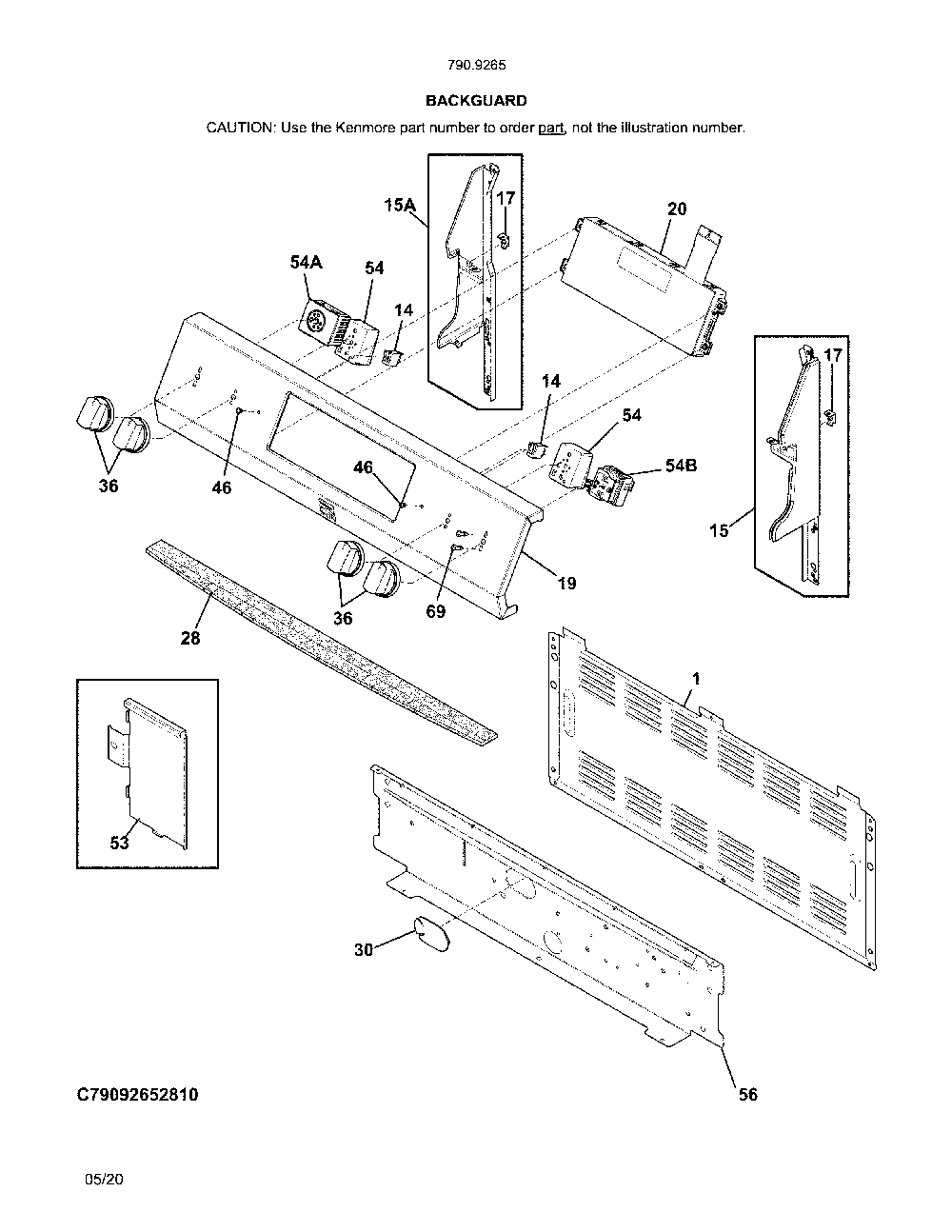 Backguard Diagram and Parts List for 79092653810  Kenmore Range